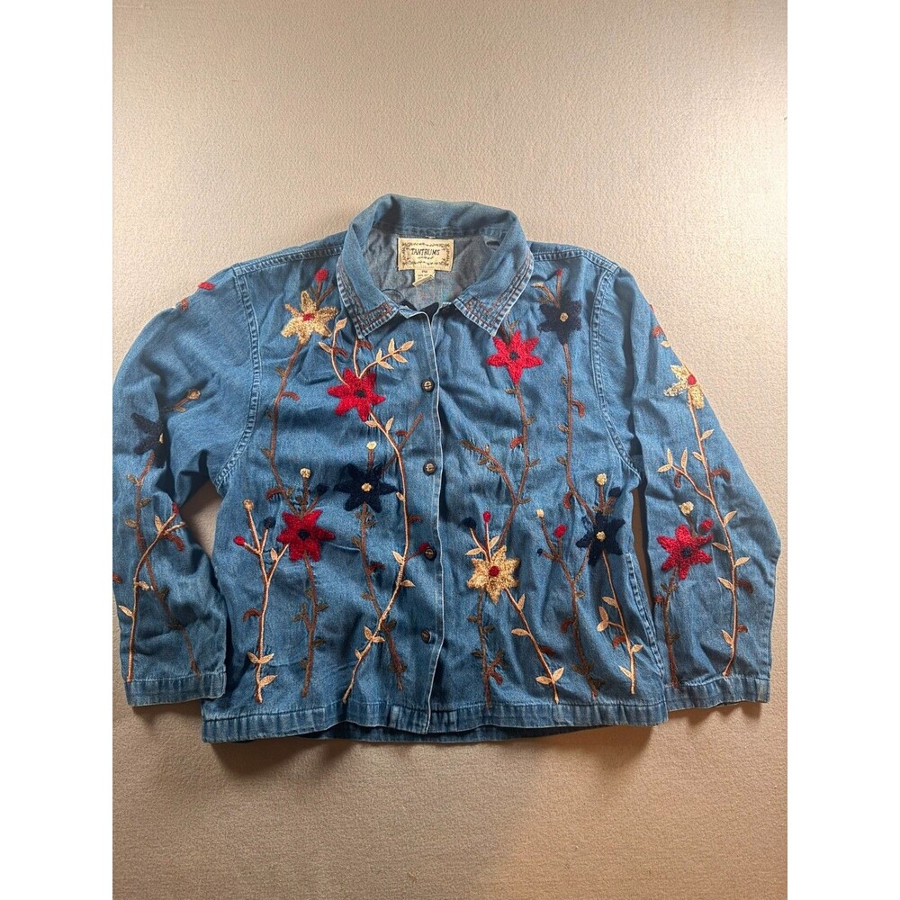 PM Tantrums Embroidered Floral Jean button up jacket Vintage Retro